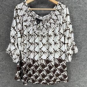 Apostrophe Blouse Women L Large White Geometric 3/4 Sleeve Round Neck Casual